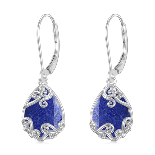 Filigree/Hibiscus/Plumeria Flower Leverback Earrings Moonstone/Lapis Lazuli/Turquoise/Moss Agate/Black Onyx Jewelry for Women 925 Sterling Silver Dangle Drop Earrings Filigree Gifts for Wife