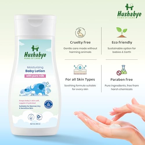 Image of Hushabye Moisturizing Baby Lotion & Head to Toe Baby Wash with Milk Protein | Paraben & Sulphate Free, pH Balanced for All Skin Types | Newborn Bath Gift Set, 200ml Each, Combo Pack of 2