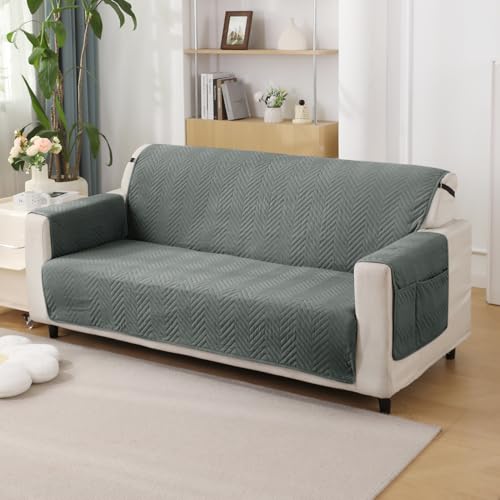 Image of HOKIPO Polyester Quilted 3 Seater Sofa Cover Mat with Pockets, Dark Grey (In-803-Dgry)