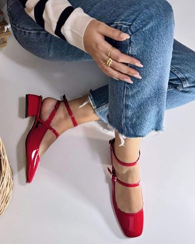 Image of Coutgo Womens Mary Jane Chunky Low Heels Closed Square Toe Ankle Strap Pumps Wedding Party Dress Shoes