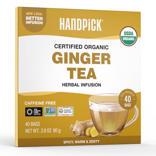 Image of HANDPICK Organic Ginger Tea (40 Tea Bags) 100% Pure Ginger Root, Non GMO