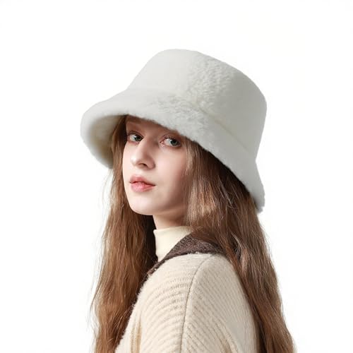 KYRINOVA Chapeau cloche d'hiver chaud et pelucheux, confortable et moelleux, chapeau tendance en fourrure adapté pour les femmes et les filles, blanc, Taille unique