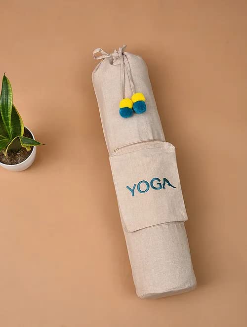 Image of Yoga Mat Cover Bag | Yoga Mat Bag with Yoga Embroidery Carry Bag with Strap (Beige, 74 L x 25 W)