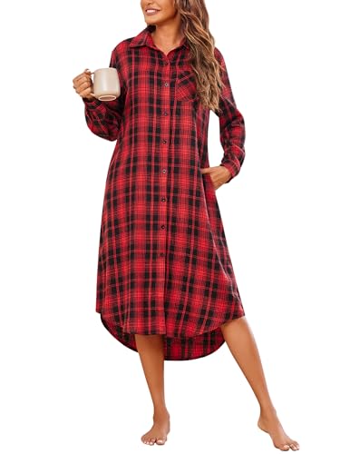 Ekouaer Women's Nightgown Plaid Flannel Warm Cotton Christmas Nightgown Sleep Shirt Button-Front Nightshirt Sleepwear