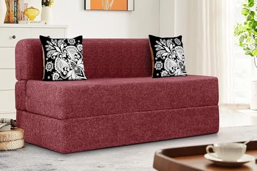 Image of Rosebell Two Seater Sofa Cum Bed | Jute Fabric Washable Cover | with Cushions Perfect for Guest | Red-Color | 4' X 6' Feet