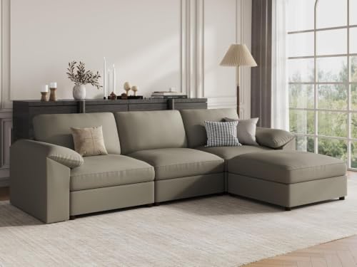 Image of EASE MOOSE Faux Leather Couch, Modular Sectional Sofa, Light Grey