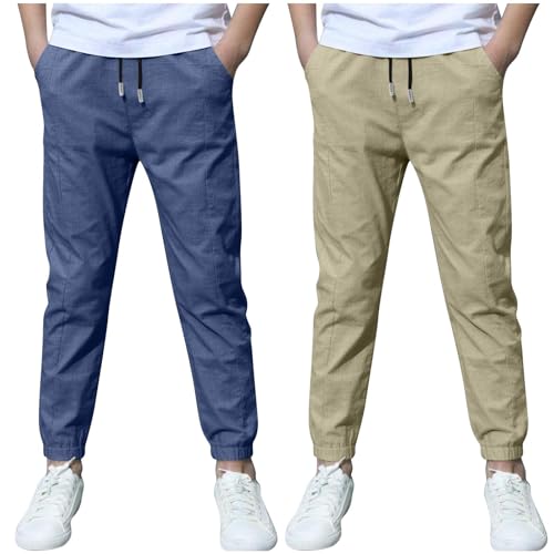 2-Pack Boys Cotton Linen Pants Kids Summer Thin Basic Elastic Waist Trousers with Pockets for 3-13 Years
