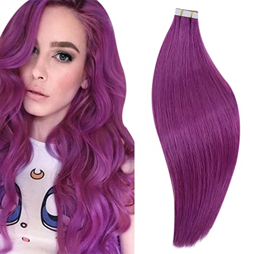 Purple Tape in Hair Extensions Human Hair 14 Inch Purple Tape in Extensions Natural Hair Skin Weft Purple Hair Extensions Tape in Remy Hair for Highlights 20g/10pcs