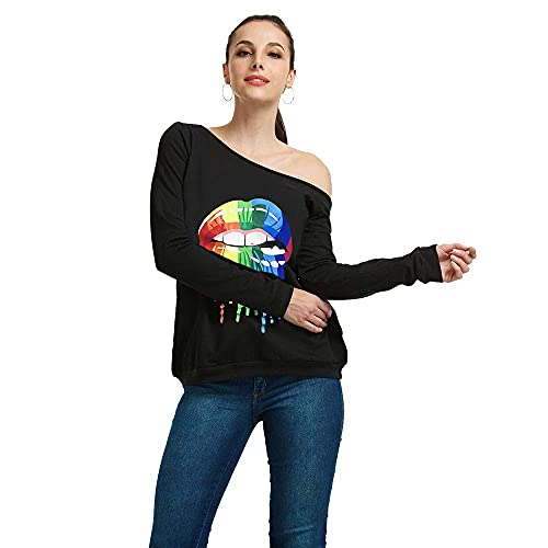 Image of MAGICMK Woman's Sweatershirt Lips Print Causal Blouse Off The Shoulder Long Sleeve Loose Slouchy Pullover Plus Size Tops