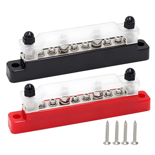 Menibeuty 2 Stück Sammelschienen Verteilerblock 6 x M4 & 4 x M6 12V-48V 150A DC Sammelschienen Verteilerblock mit Abdeckung für Kfz Wohnmobil Solar LKW Boot Marine (Rot& Schwarz)