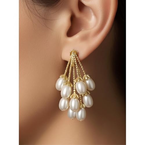 Image of ECLATS Pearl Drop Earrings, White and Gold Alloy Steel, Round Freshwater Pearls, Dangle Style, Push Back, Medium Size, Polished Finish, 2 Pieces