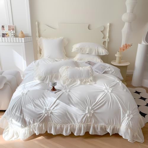 IHOUSTRIY White Duvet Cover Twin Size - Pintuck Twin Duvet Cover Set Flower, 2 Piece Girls' Ruffle Bedding with Zipper Closure, 1 Pinch Pleated Duvet Cover 66x90 inches and 1 Pillow Sham