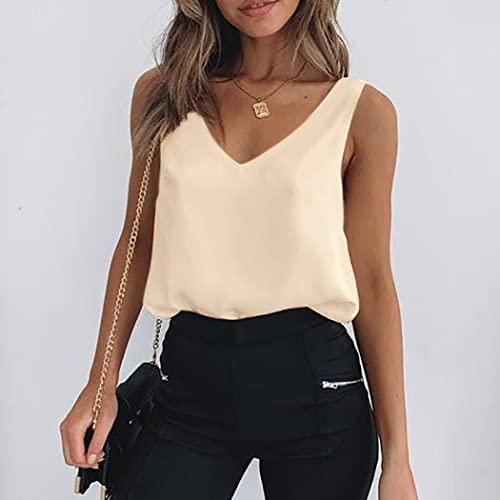 Olycn Silk Camisole For Women Dressy Satin Tank Top Silky Sleeveless Shirt V Neck Summer Blouse Champagne #TOP1