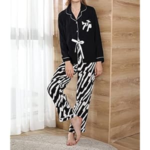 KLIAN Ensembles De Pyjama,Women’s Pyjama Set V Neck Pyjamas Sleepwear Set Thin Long Sleeve Sleepwear Set Black with Pockets Button Tops and Zebra Print Pyjama Bottoms Soft Pjs Set Loungewear