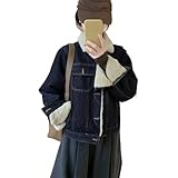 Damen-Denim-Mantel, Langfell, Plüsch, normale Passform, Stehkragen, adretter Stil, täglicher urbaner Komfort, Blau, Medium