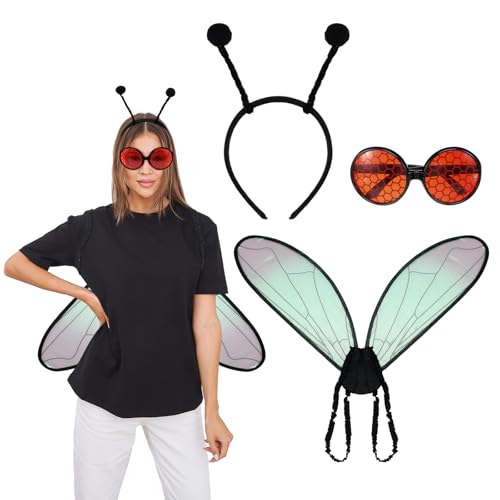 Motionchic Cicada Wings Costume Set for Adults Bug Costume with 23.62 x 17.72 Inches Cicada Wings Antenna Headband and Red Bug Sunglasses Accessories Fly Costumes for Men Women
