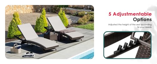 Image of Outdoor Poolside Lounger with Adjustable Backrest Sun Chaise Recliner for Terrace Garden Poolside for Relaxation Durable and Stylish- (Brown & Beige) 2 Lounger+Side Table