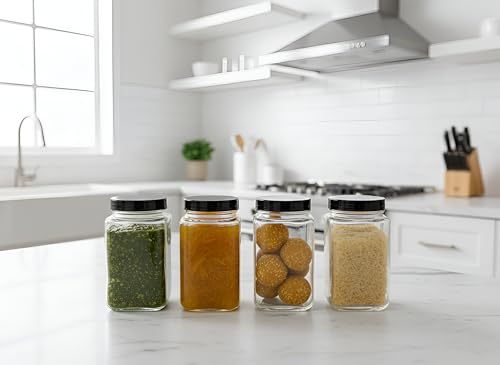 Image of Brezzycloud Piraml Glass Cubical Square 1000ml Transparent Glass Jars & Containers for Kitchen Pantry, Cookies, Dry Fruits, Coffee Storage with Black Plastic Lid (Set Of 4)