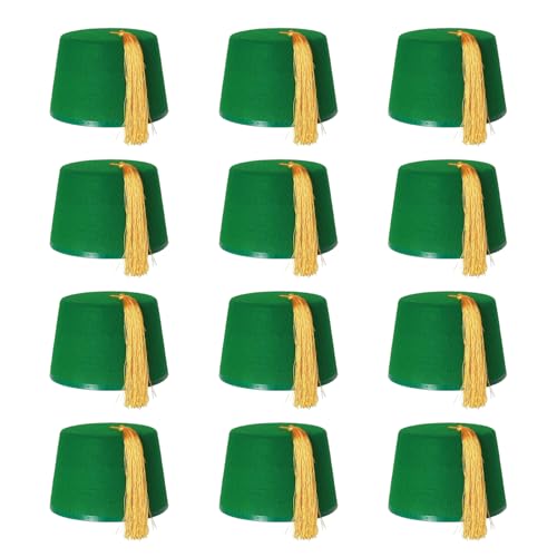 Lot de 12 chapeaux Fez vert avec pompon doré unisexe en feutre pour homme et femme
