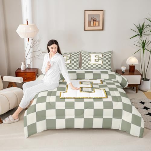 Image of Erosebridal Sage Green Checkered Bedding Set King Plaid Initial E Comforter Set for Kids Adults Personalized Monogram Down Comforter,Fashion Grids Gingham Quilt Duvet