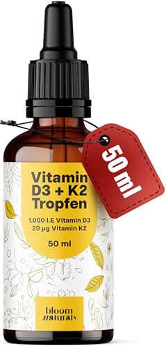 Vitamin D3 K2 Tropfen hochdosiert - 50 ml - 1.000 IE D3 + 20 µg K2, Vitamin D produziert in Deutschland - Verpackung kann variieren