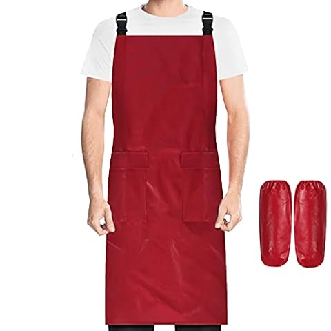 Anyoo Lightweight Soft PU Leather Apron with 2 Sleeves, Pockets, Unisex Long Bib Apron with Adjustable Shoulder Straps for Kitchen Cooking Dishwashing Bbq, Burgundy, One Size Cover
