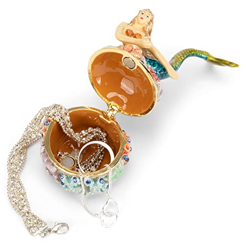 Cottage Garden Hand Painted Metal Enamel Hinged Trinket Box Ornamental Mini Jewelry Ring Earring Organizer Vintage Figurine Keepsake Box With Bejeweled Crystals, Colorful Coral Blue Mermaid #TOP3