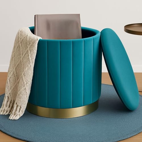 Image of Round Velvet Luxurious Storage Ottoman, Pouf with Storage Vanity Stool Chair,Upholstered Foot Rest Stool with Gold Strip Base for Living Room or Bedroom (Sky, Medium- 36Dx36Wx40H)