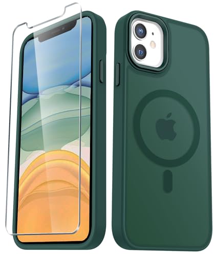 Image of YENAPOON for iPhone 12 Pro /iPhone 12 Case, Matte Magnetic Case, Dark Green | Fit for Magsafe, Screen Protector Included, Matte Translucent Frosted Slim Shockproof Protective Phone Cover