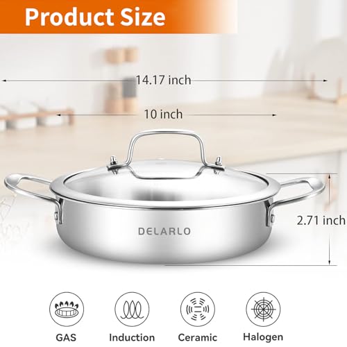 image for DELARLO Tri-Ply Stainless Steel 10 Inch Frying Pan 3QT Saute Pan With 