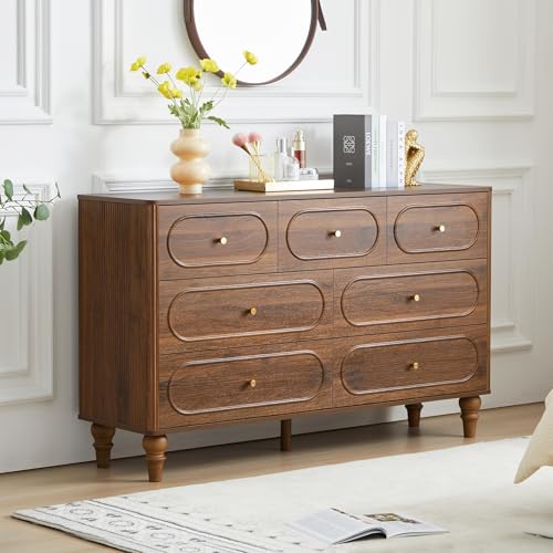 ORRD Fluted 7 Drawer Dresser for Bedroom Mid Century Modern Chest of Drawers Wood Storage Large Dresser Organizer for Bedroom Living Room Hallway Closet Walnut