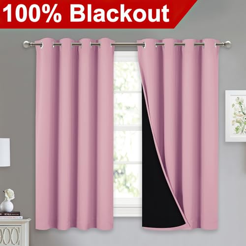 Image of NICETOWN 100% Blackout Curtains with Black Liners, Thermal Insulated Full Blackout 2-Layer Lined Drapes, Noise Cancellation Window Draperies for Dining Room (Crystal Pink, 2 Panels, 52 inch W by 54 inch L)