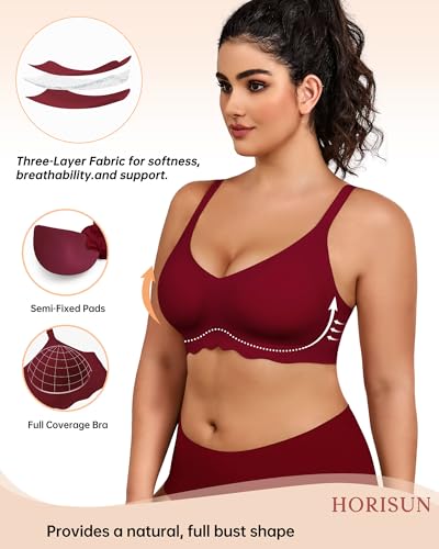Image of HORISUN Wireless T Shirt Bra Seamless Push Up Bralette Full Coverage V Neck Comfortable Bras for Women