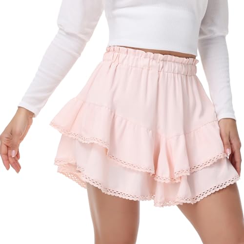 Flowy Shorts for Women Boho Ruffle Skirt Crochet Tiered Mini Skort High Waisted Underneath Butterfly Golf Tennis Cute Western Country Teen Girls Trendy Clothes Dressy Casual Summer Outfits Pink 2XL