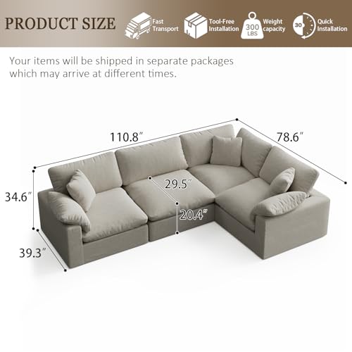 Image of Modular Sectional Sofa, 4 Seater Cloud Couch,Down Filled Comfy Cloud Modern Sofa,Light Beige Linen Oversized Couch Cushion Covers Removable for Living Room