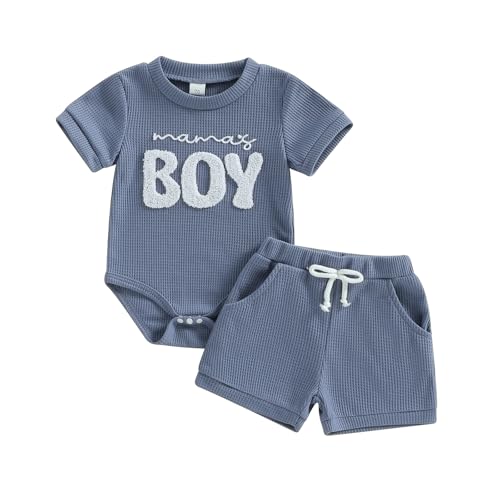 Image of Douhoow Baby Boy Summer Outfits Short Sleeve Mamas Boy Little Dude Embroidery Boy Romper Shorts Set Infant Waffle Clothes