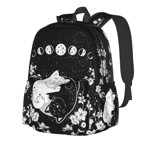 ACDRUING Mochila com alças de ombro ajustáveis, mochila casual para viagens, Fases da lua do gato Yin Yang, 16.9 x 11 x 6.3 inches, Mochilas Daypack