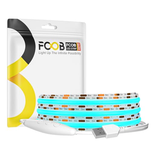 Image of 5V COB Ice Blue Led Strip Light 6.56FT USB Powered CRI90+ LED Tape Lights with Dimmer, 8mm Width Dimmable High Density Flexible Strips for TV Under Cabinet Bedroom