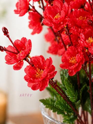 Image of ARTSY Artificial Flowers Bunch for Decoration Cherry Blossom, Ideal for vase, Home, Office Decor, Gifts, Craft, Artificial Plants for Decoration, Without vase, Red, Combo, 2 Piece, 55 cm Height |