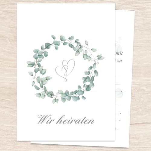 Hochzeitseinladungskarten 10er Set A6 Eukalyptus-Kranz botanical grün | flache Karten Rückseite beschreibbar Karte zur Hochzeit Glückwunschkarte Einladungskarte - für Standesamt Einladung