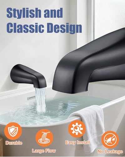 Fosenlion Universal Bathtub Faucet Replacement Tub Spout –– Fast-Fill, No-Leak Metal Faucet, Easy Installation, Fits 1/2\" IPS & 3/4\" IPS Thread Pipes, Includes Adapter (Matte Black)