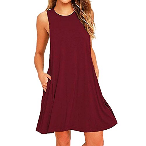 ReooLy Women O Neck Casual Pockets Sleeveless Above Knee Dress Loose Party Dress (Wine,Large)