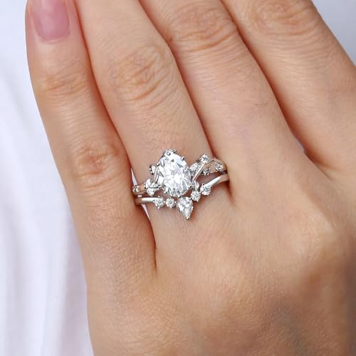 Leaf Wedding Ring Set for Women White Gold 1CT Oval Cut Moissanite Bridal Ring Set Engagement Ring Set 925 Sterling Silver 10K 14K 18K Gold2