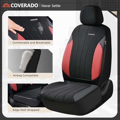 Image of Coverado Seat Covers for Car 2 Seats, PU Leather & Breathable Mesh Seat Protectors, Universal Fit for SUVs, Trucks, Sedans