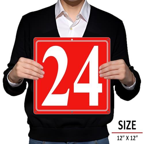Image of Premium Aluminum Number Signs 24, Metal 12 inch X 12 inch Red Numbered Signs Outdoor for Parking Lots, Floor, Dock, Court, Aisle, Field, High Visibility, No Fade, Weather-resistant