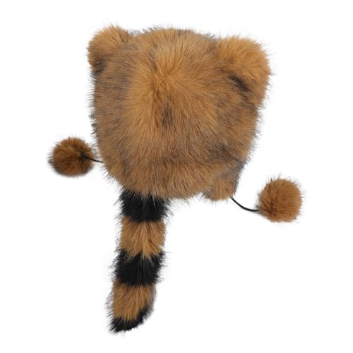 Unisex Faux Fur Fuzzy Winter Warm Hats with Tail Cute Ears Kids Soft Thicken Plush Cap Adult Trapper Hat for Cycling Walking2