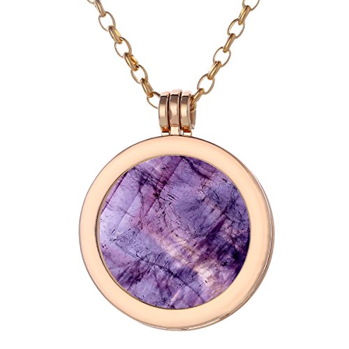 Morella Women Necklace 70 cm 27.5" Stainless Steel Gold and Pendant with Gemstone Amethyst Coin 33 mm 1.3" Chakra Plate in Velvet Bag