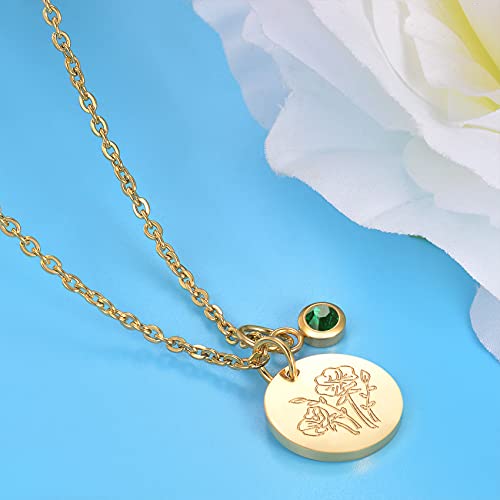CERSLIMO Birthday Gifts for Her Birth Flower Necklaces, 18K Gold Plated Dainty Birth Month Floral Birthstone Disc Coin Pendant Necklaces | Women Wildflower Jewelry Gifts for Valentines Anniversary4