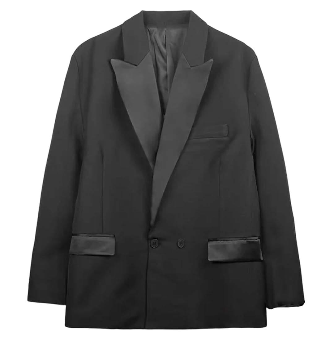 Women Formal Black Blazer Satin Spliced Collar Spring Fall Evening Dinner Blazer