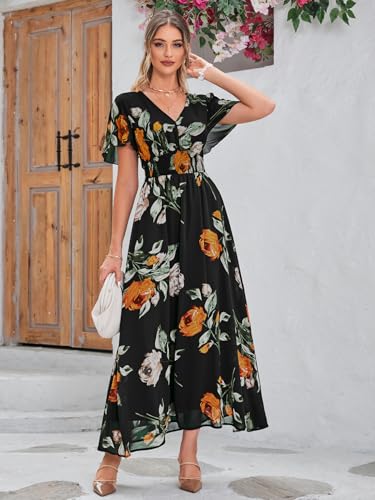 Image of Simplee Women's Boho Floral Maxi Dress Flowy Casual V Neck Short Sleeve Wedding Guest Holiday Beach Long Dress